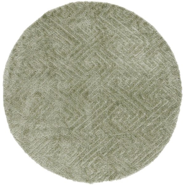 Tahoe Shag 3 ft. x 3 ft. Sage Solid Geometric Round Area Rug