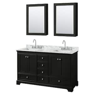 Deborah 60 in. Double Vanity in Dark Espresso with Marble Vanity Top in White Carrara with White Basins and Med Cabinets