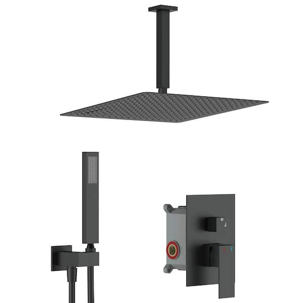 1-Handle 2-Spray High Pressure Ceiling Mount 12 in. Shower Head with Hand Shower Faucet in Matte Black (Valve Included)