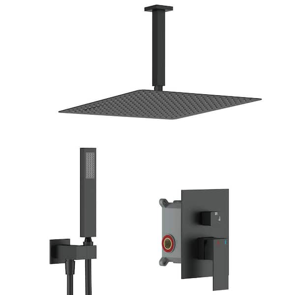 GIVING TREE 1-Handle 2-Spray High Pressure Ceiling Mount 12 in. Shower Head with Hand Shower Faucet in Matte Black (Valve Included)