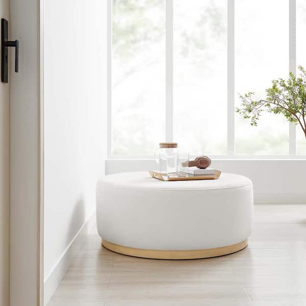 Tilden Large 38 in. Round Performance Velvet Upholstered Ottoman in Alabaster Natural