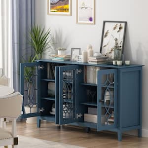 Blue Wood Storage Cabinet TV Console with 4-Glass Doors, Adjustable Shelves