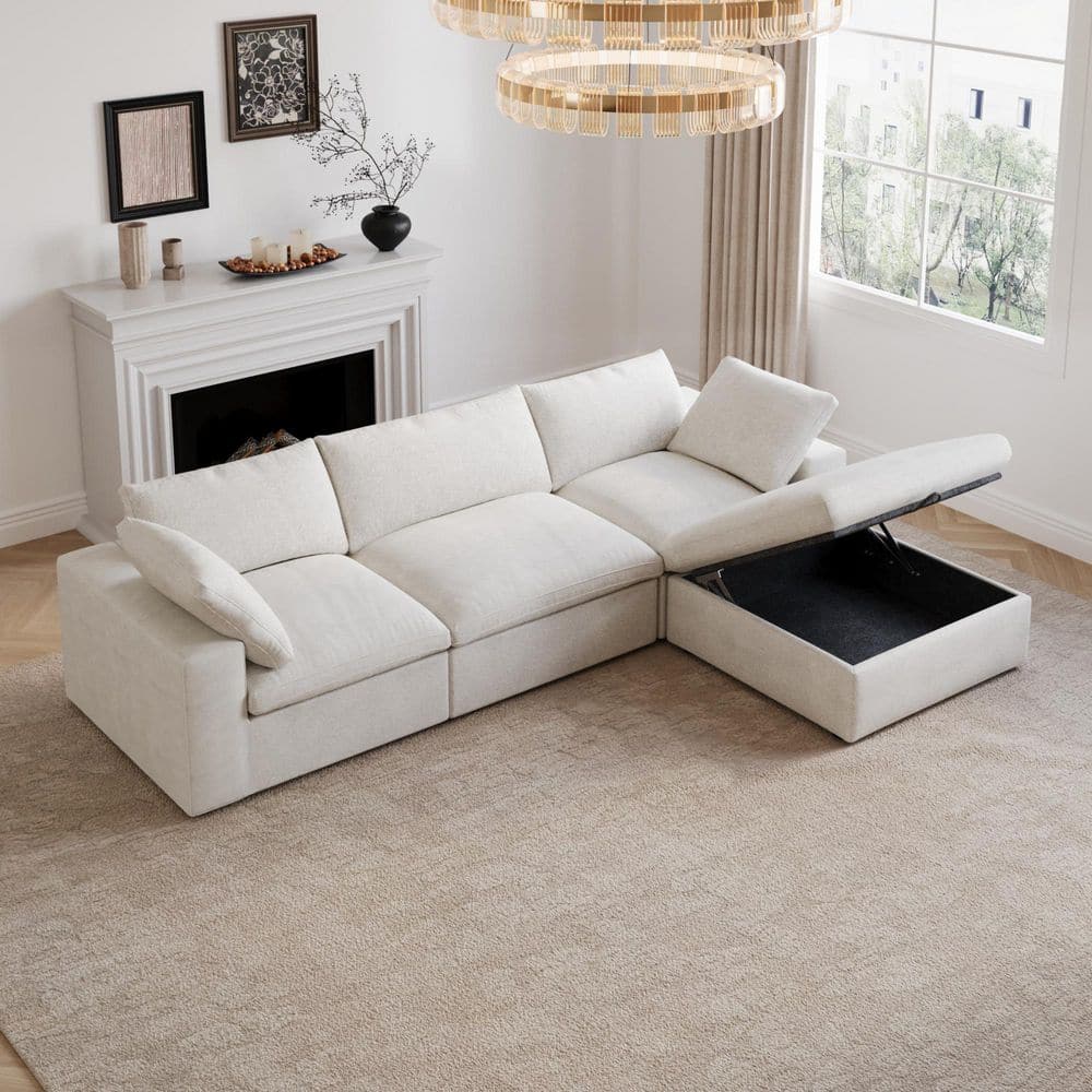 118.02. Square Arm Linen 4-Piece L Shaped Free Combination Modular Sectional Sofa with Ottoman in. White