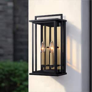 2-Light Black Dusk to Dawn Outdoor Wall Lantern Sconce with Mirror Glass