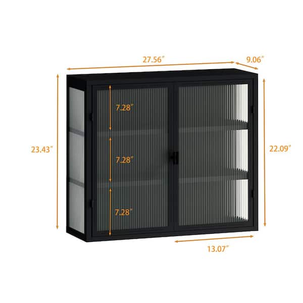 FUNKOL 5.91-in W x 23.62-in D x 27.56-in H in Black Iron Ready to Assemble Wall Kitchen Cabinet with Mirror