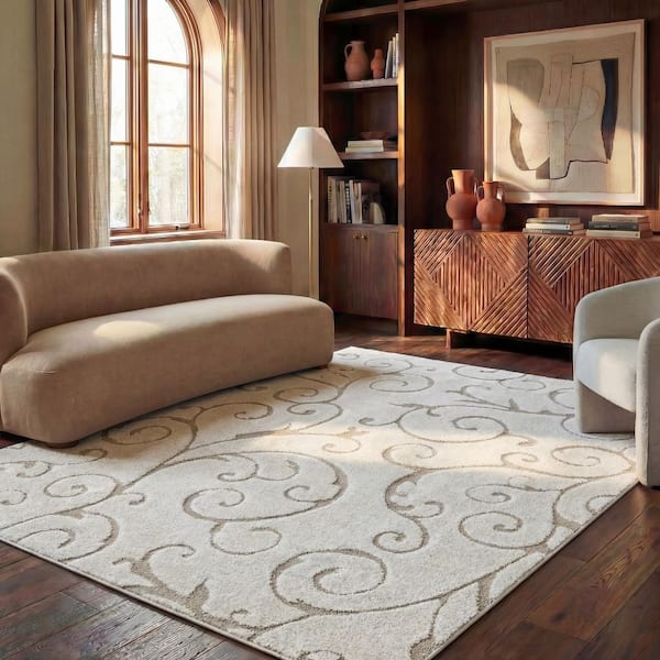 Florida Shag Cream/Beige 8 ft. x 10 ft. High-Low Floral Area Rug