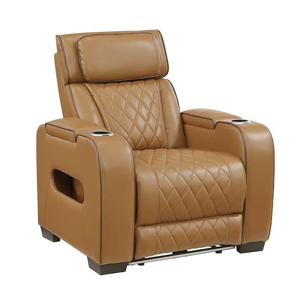 Clumber Brown Faux Leather Power Recliner with Power Headrest, Cup Holders and Storage Arms