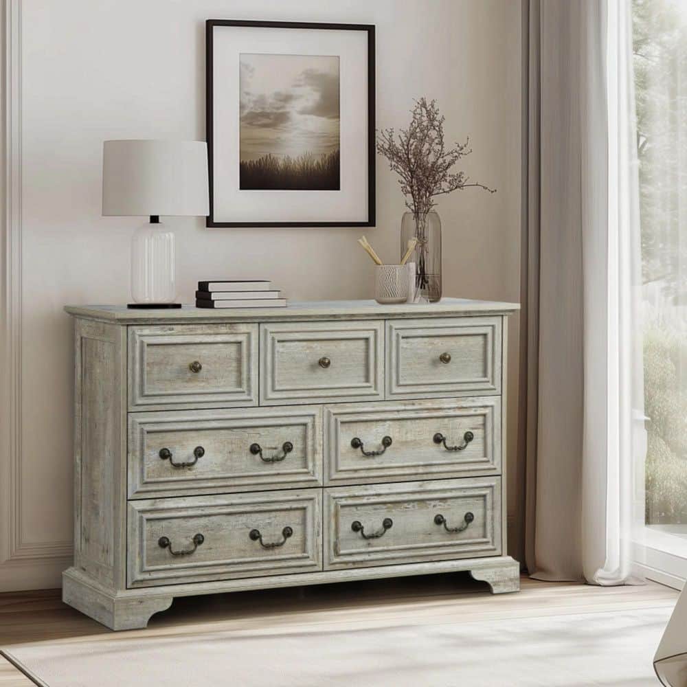 Antique Oak 7-Drawers 47.3 in. Wide Chest of Drawers with Natural Texture, 