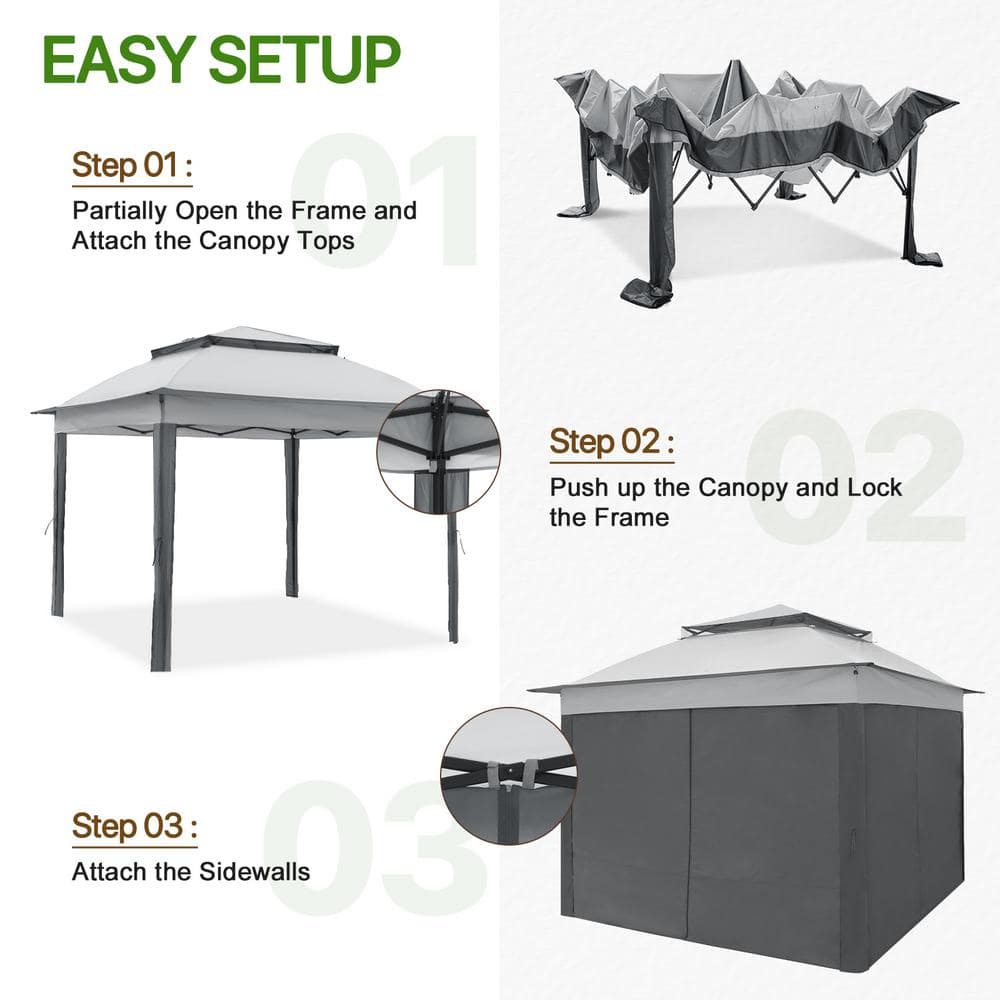 11 ft. Gray and Black Steel Patio Gazebo with Solid Walls