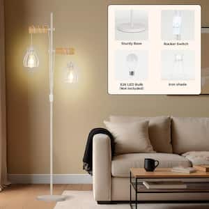 65 in. White Wood Retro 2-Light Standard Tree Floor Lamp with Iron Cover Shade with Dual Switch for Living Room Bedroom