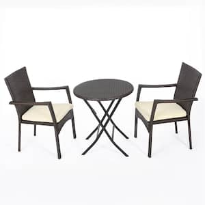 3-Piece Wicker Outdoor Bistro Set with Beige Cushions, A Table and 2 Chairs, Clean Design for Patio, Garden, Black