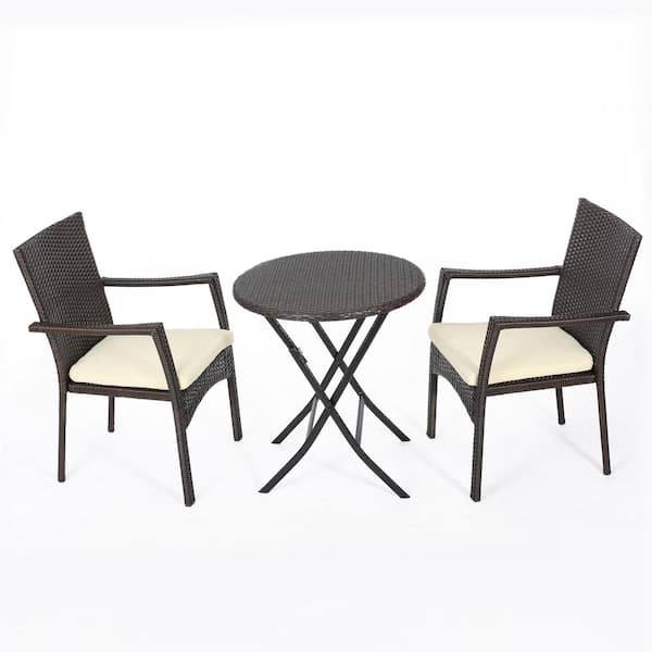 Unbranded 3-Piece Wicker Outdoor Bistro Set with Beige Cushions, A Table and 2 Chairs, Clean Design for Patio, Garden, Black