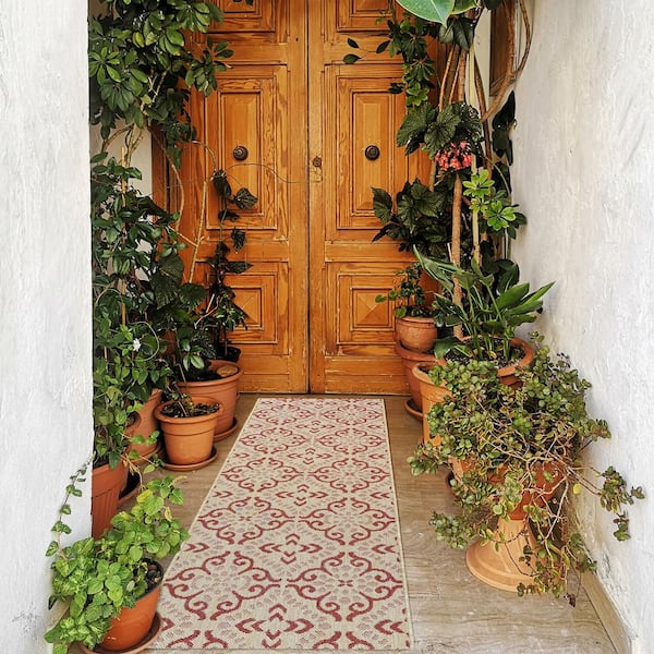Paseo Powis Grain/Red 2 ft. x 6 ft. Trellis Indoor/Outdoor Area Rug