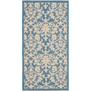 Courtyard Blue/Natural 2 ft. x 4 ft. Floral Indoor/Outdoor Patio  Area Rug