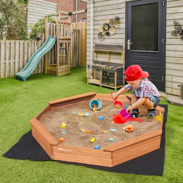Wooden Sandbox with Cover, 6 ft. W x 6 ft. L Octagonal Sandbox, Sand Pit with 4 Seating and Bottom Liner