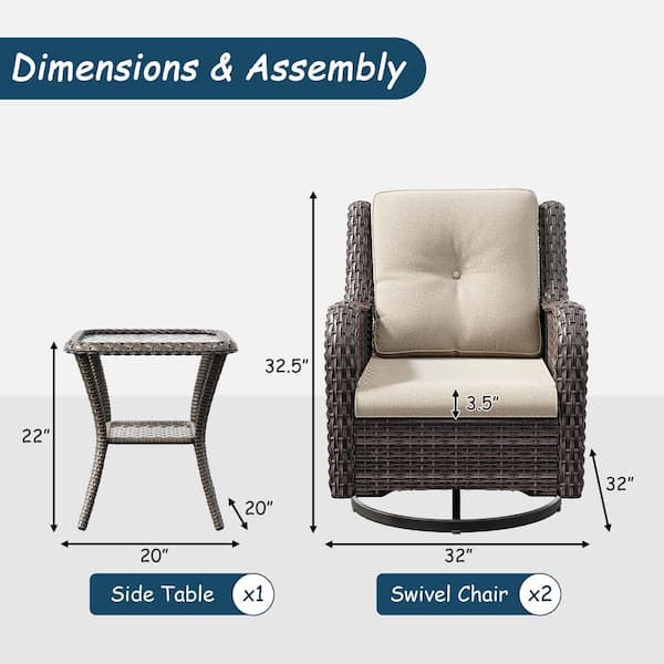 JOYSIDE 3-Piece Wicker Patio Conversation Set with Beige
