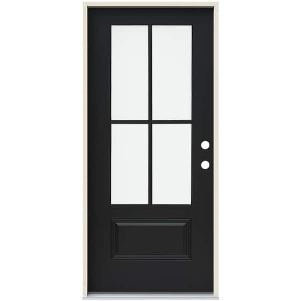 JELD-WEN 36 in. x 80 in. Left-Hand 4 Lite Clear Glass Black Painted Fiberglass Prehung Front Door with Brickmould