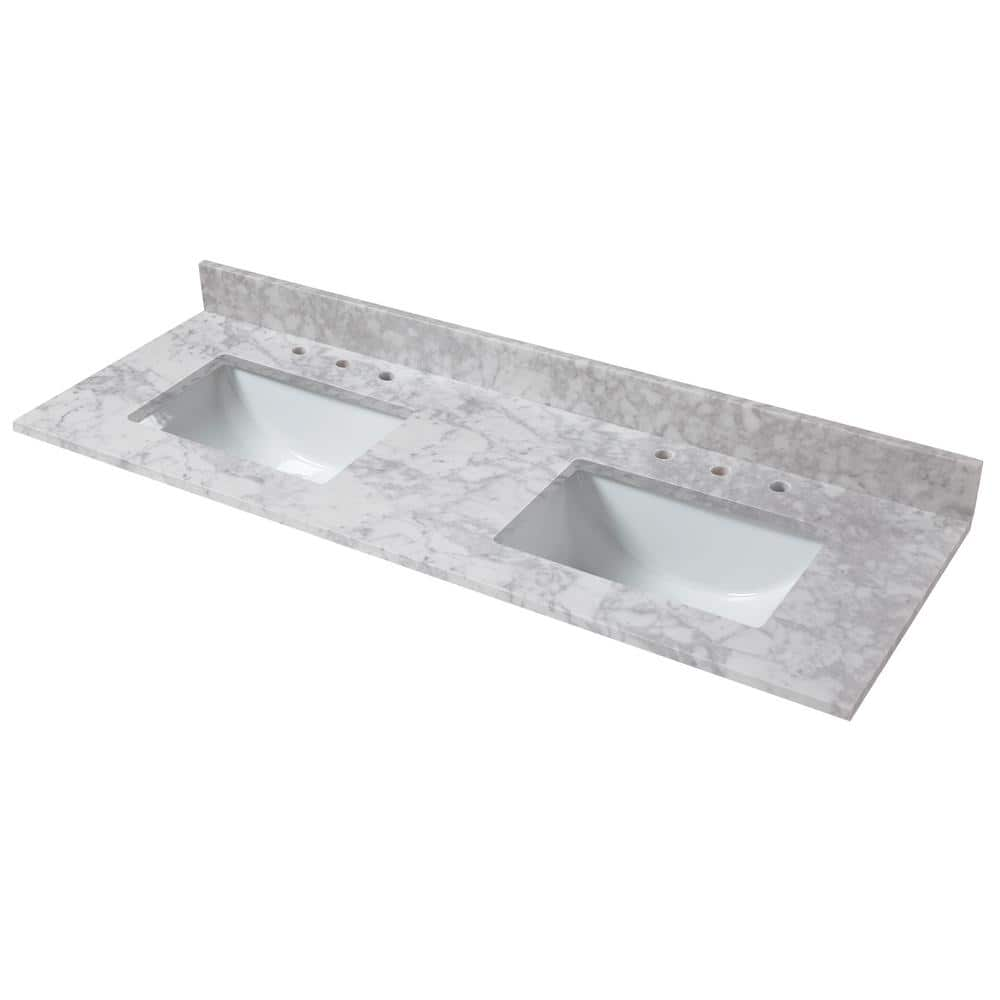 Home Decorators Collection 73 In W X 22 In D Marble Double Trough Sink Vanity Top In Carrara 74108 The Home Depot