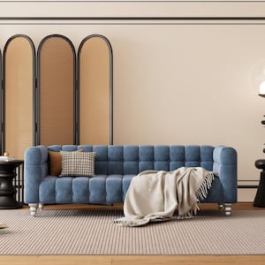 89 in. Square Arm Dutch Fluff Polyester Rectangle Buttoned Tufted Sofa in Blue with Solid Wood Legs