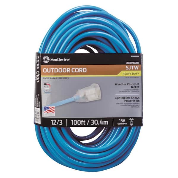 Southwire 100 ft. 12/3 SJTW Outdoor Heavy-Duty Neon Blue Extension Cord with Power Light Plug