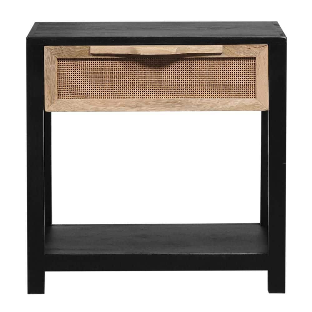 Tia 22 Inch Black Pine Wood Side Table with Rattan Drawer