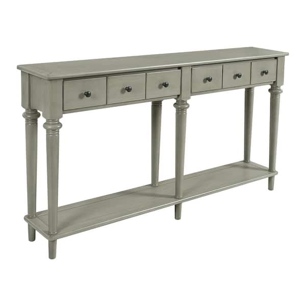 59.8 in. Grey Wash Entryway Rectangle Wood Retro Console Table with 4 Drawers and Open Shelf