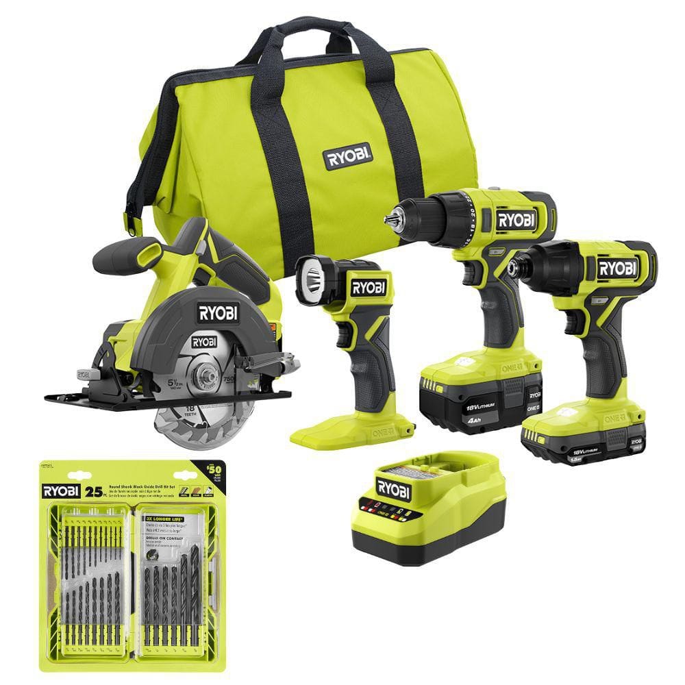RYOBI ONE+ 18V Cordless 4-Tool Combo Kit with 1.5 Ah Battery, 4.0 Ah Battery, Charger, and Twist Drill Bit Set (25-Piece) (CL1400K2A972501)