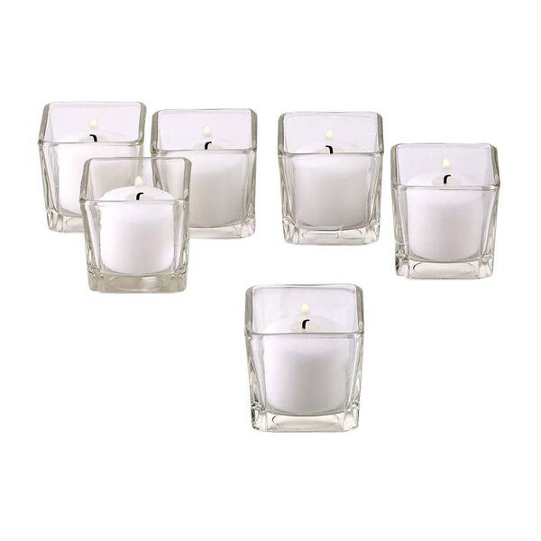 Light In The Dark Clear Glass Square Votive Candle Holders With White Votive Candles Set Of 12