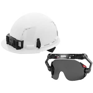 BOLT White Type 1 Class C Front Brim Vented Hard Hat with 4 Point Ratcheting Suspension with Tinted Dual Coat Eye Lense