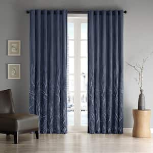 Eliza Navy Botanical Polyester 50 in. W x 84 in. L Room Darkening Rod Pocket and Back Tabs Curtain with Lining