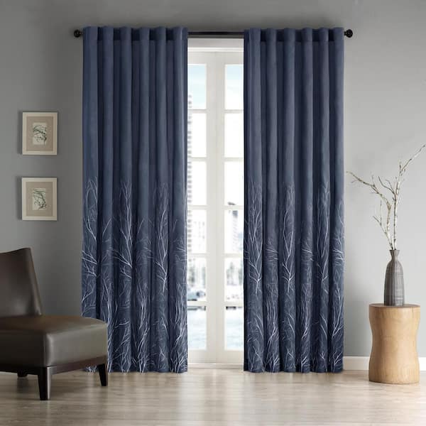 Madison Park Eliza Navy Botanical Polyester 50 in. W x 84 in. L Room Darkening Rod Pocket and Back Tabs Curtain with Lining