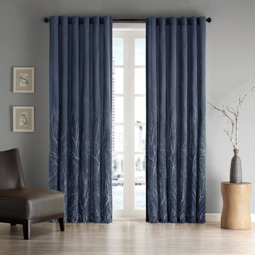 Navy Faux Silk Embroidered Branch Puddle Length Curtain Panel