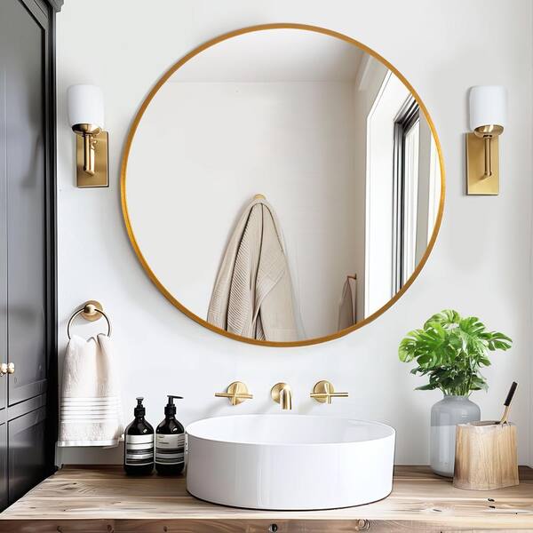 Lirago 20 in. W. x 20 in. H Metal Framed Round Mirror in Gold