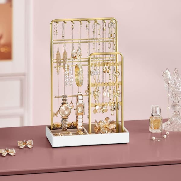 Pale Gold 7.7 in. x 12 in. Metal Modern Jewelry Organizer Stand