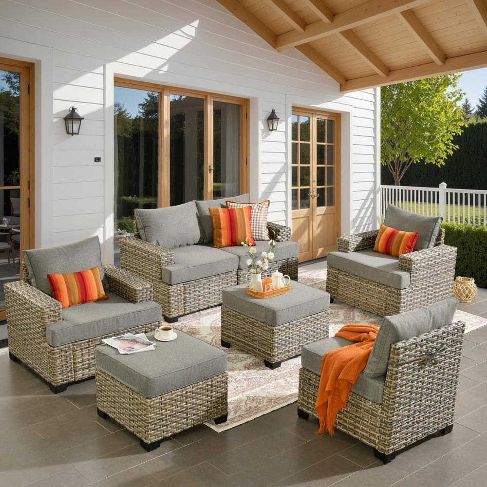 HOOOWOOO Kelleys 7-Piece Wicker Modern Outdoor Patio Conversation Sofa ...