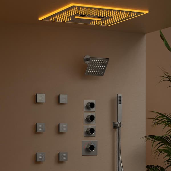 6-Spray 16 in. AuroraMist LED Shower Dual Ceiling Mount Fixed and Handheld Shower Head 2.5 GPM in Brushed Nickel