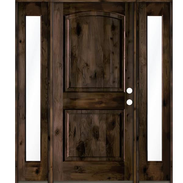 60 in. x 80 in. Knotty Alder 2 Panel Left-Hand/Inswing Clear Glass Black Stain Wood Prehung Front Door with Sidelites