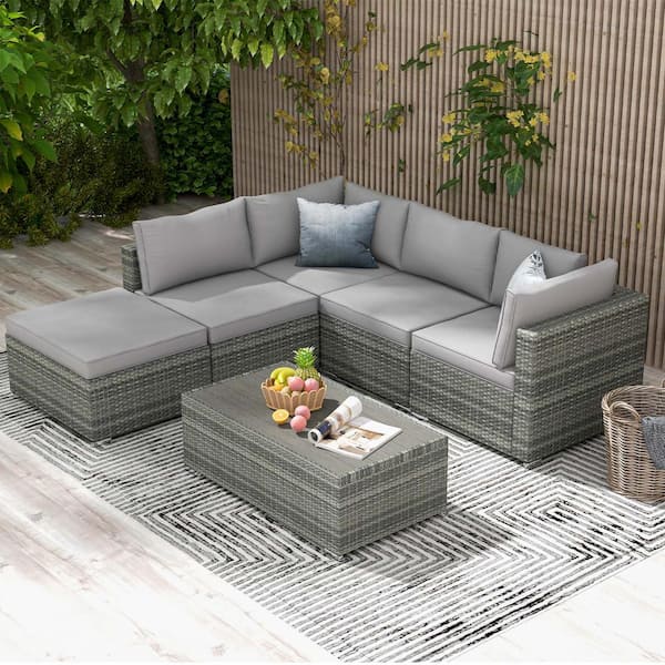 Zeus & Ruta 6-Pieces Wicker Outdoor Sectional Sofa Hand-Woven Wicker ...