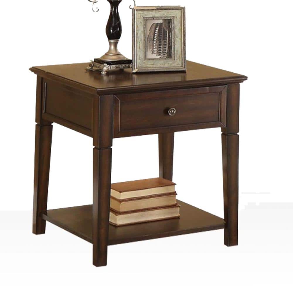 Walnut 24" Wooden End Table with Drawer and Shelf