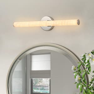 Divine 23.6 in. W 1-Light Polished Chrome Solid Stone Bathroom LED Vanity Light Cylinder Cloudstone Marble Wall Sconce