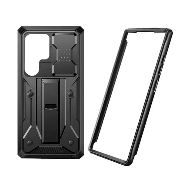 Built-in Slide Camera Cover, Screen Protector 2 Front Frames Heavy Duty Shockproof w/ Stand and Belt Clip Holster, Black