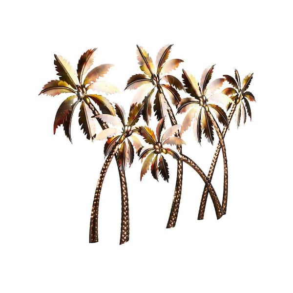 27 in. x 41 in. Copper Stainless Steel Slanted Tree with Red and Yellow Accents Metal Work
