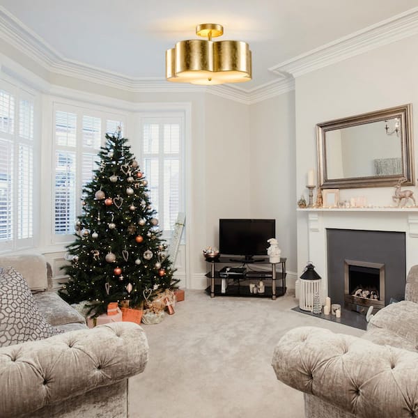 15.35 in. 3-Light Gold Metal Flower Semi Flush Mount Ceiling Light Fixture