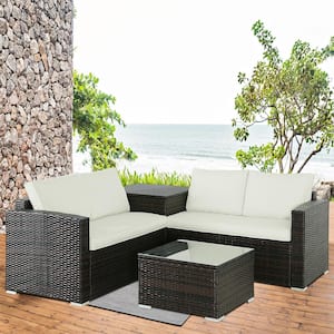 4-Piece Brown Wicker Outdoor Sectional Patio Set Furniture Corner Sofa with Beige Cushions and Storage Box