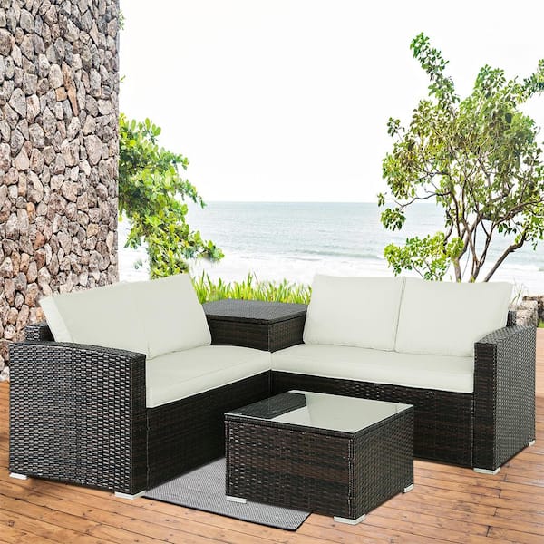 Zeus & Ruta 4-Piece Brown Wicker Outdoor Sectional Patio Set Furniture Corner Sofa with Beige Cushions and Storage Box