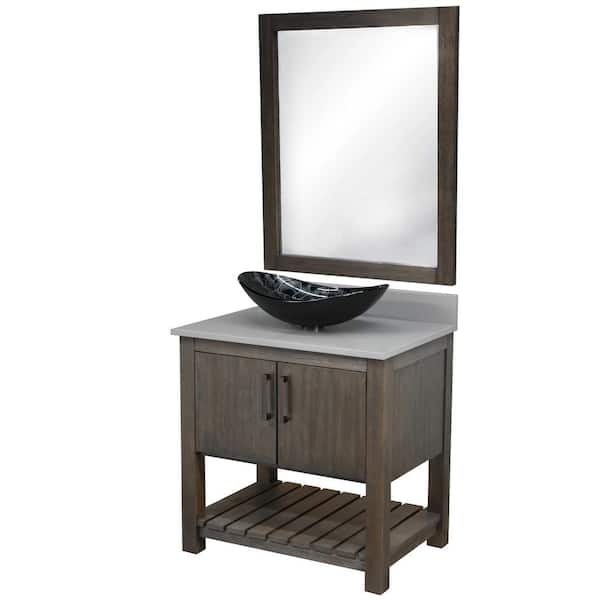 Novatto Ocean Breeze 31 in. W x 22 in. D x 31 in. H 1 BlackSilver Sink ORB Bath Vanity in Cafe with Smoke Grey Quartz Top+Mirror