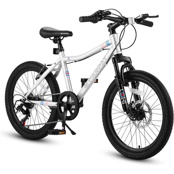 20 in. White Steel Frame Mountain Bike with 7 Speed, Front Suspension Disc Brake Rear V-Brake