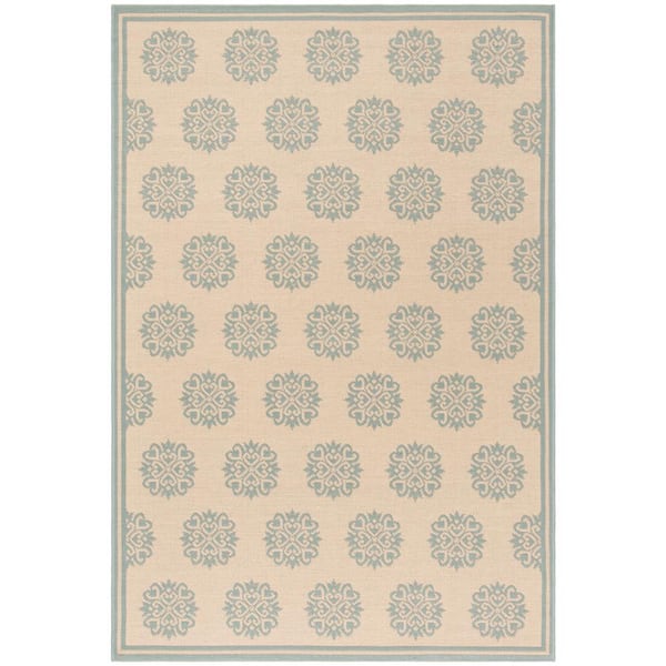 SAFAVIEH Beach House Cream/Aqua Doormat 2 ft. x 4 ft. Border Geometric Floral Indoor/Outdoor Area Rug