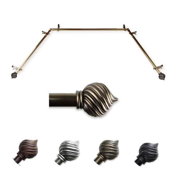 EMOH 13/16" Dia Adjustable 20"-36", 38"-72" Bay Window Curtain Rod with Emilio Finials in Antique Brass