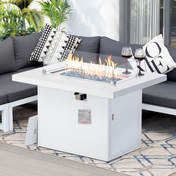 Unbranded 43 in. 60000 BTU Outdoor White Rectangular Aluminum Propane Gas Fire Pit Table with Glass Wind Guard and Cover